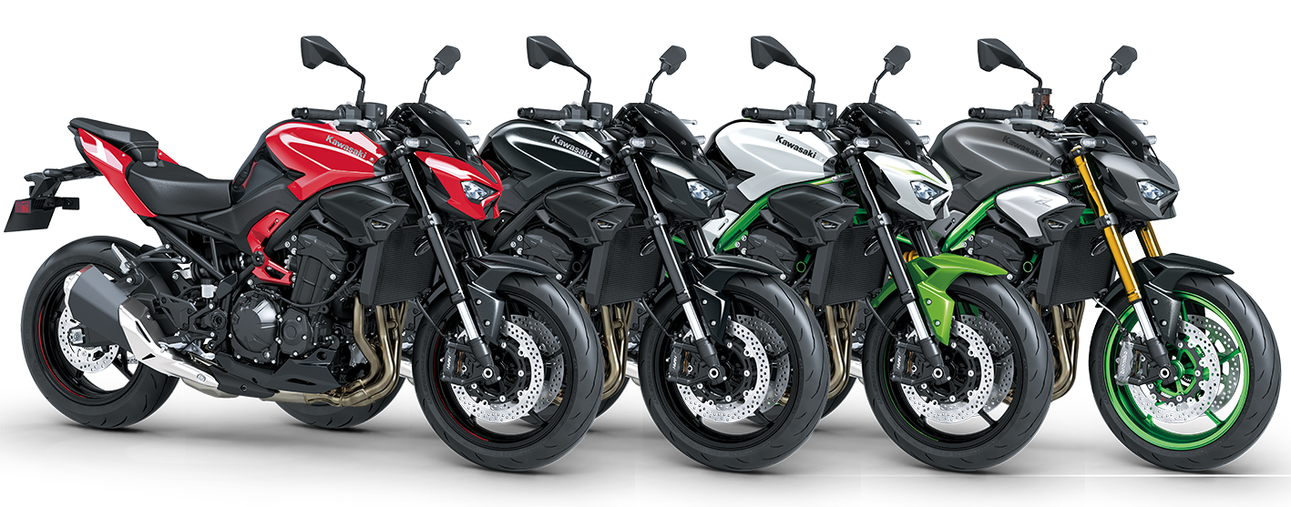 De vier nieuwe kleurstellingen van de Kawasaki Z900 en Z900 SE voor 2027 naast elkaar